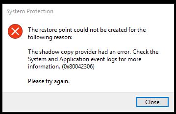 Cannot create a shadow copy of the volumes containing writer&x27;s data. . Vss returned an error message exiting hr 0x80042306